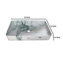 MONTBLANC Ceramic Designer Table Top Wash Basin Sink Slim Rim for Bathroom White Green (24 x 14 x 4.5 Inch)