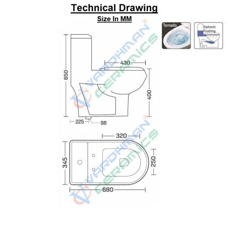 Belmonte Siphonic Flushing One Piece Western Commode Toilet / EWC Carol S Trap 225mm / 9 Inch Ivory