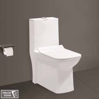 Belmonte One-Piece Western Toilet Commode - White Glossy Ceramic, Floor Mount, S-Trap Outlet, Rimless Flushing, 660x350x700mm