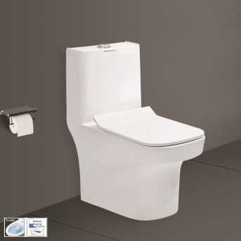 Belmonte One-Piece Western Toilet Commode EWC - White Glossy Ceramic, S-Trap Outlet, Rimless Siphonic Flushing