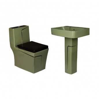 Belmonte Combo: Rimless Designer Western Toilet and Pedestal Wash Basin - Green & Black - Matt Finish