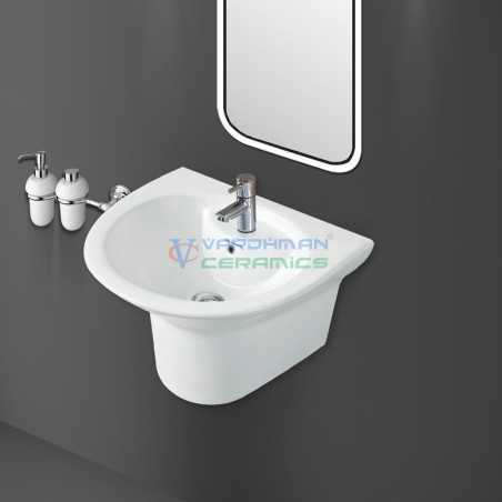 Belmonte Rolex Wall Hung Wash Basin - White Glossy Finish, Ceramic, Overflow Hole, Punched Tap Hole, 480x560x390mm
