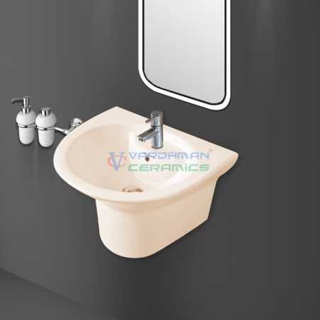Belmonte Rolex Wall Hung Wash Basin Ivory Glossy Finish, Ceramic, Overflow Hole, Punched Tap Hole, 480x560x390mm