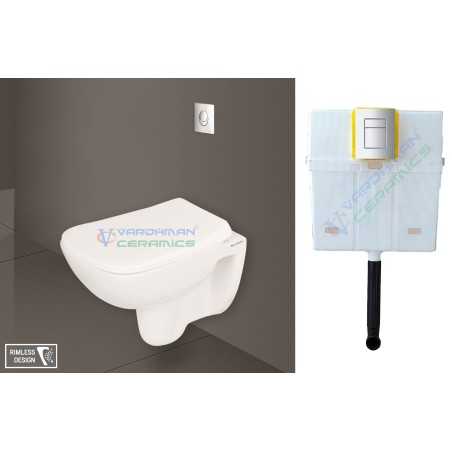 Belmonte Combo of Rimless Commode Wall Hung New Cera with Pneumatic Concealed Cistern without frame - White