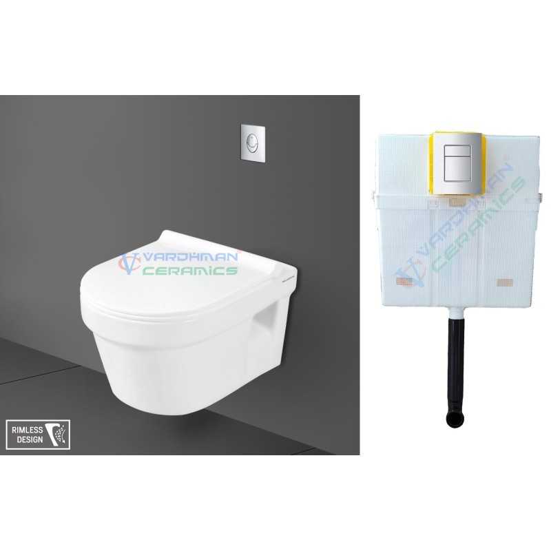 Rimless Flushing Toilet Wall Hung Retro with Concealed Cistern Pneumatic White Combo - Belmonte