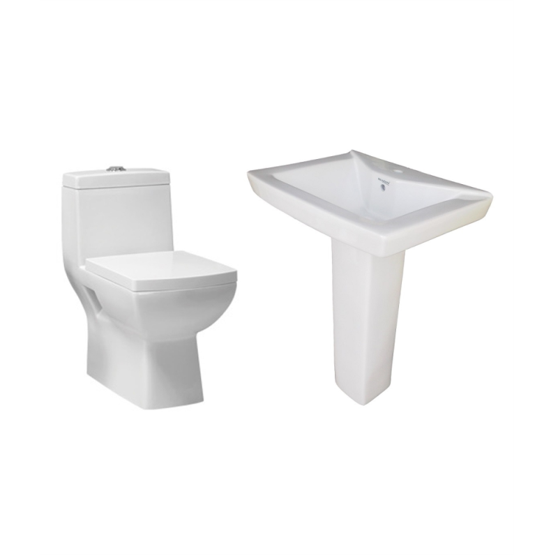 Combo of Belmonte One Piece Water Closet Square with Small LCD Pedestal Wash Basin - White