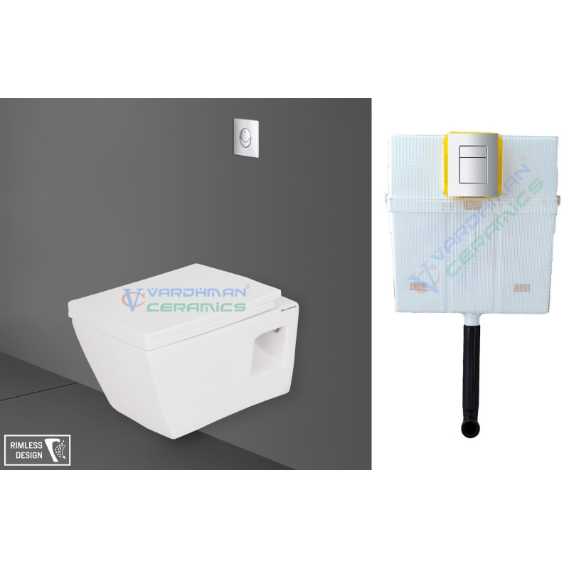 Belmonte Combo of Rimless Commode Wall Mount Entic with Pneumatic Concealed Cistern - White Belmonte Combo of Rimless Commode Wall Mount Entic with Pneumatic Concealed Cistern - White