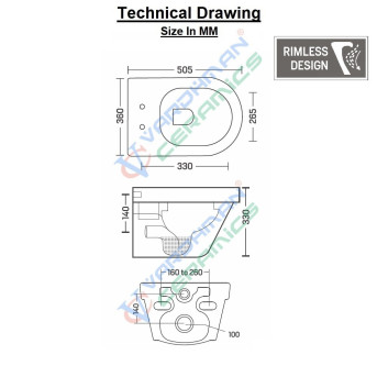rimless flushing toilet size