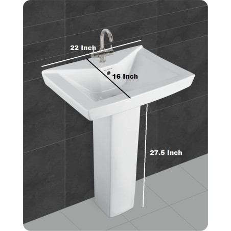 Belmonte Ceramic Rectangle Shape Pedestal Wash Basin Small LCD 22 x 16 Inch White