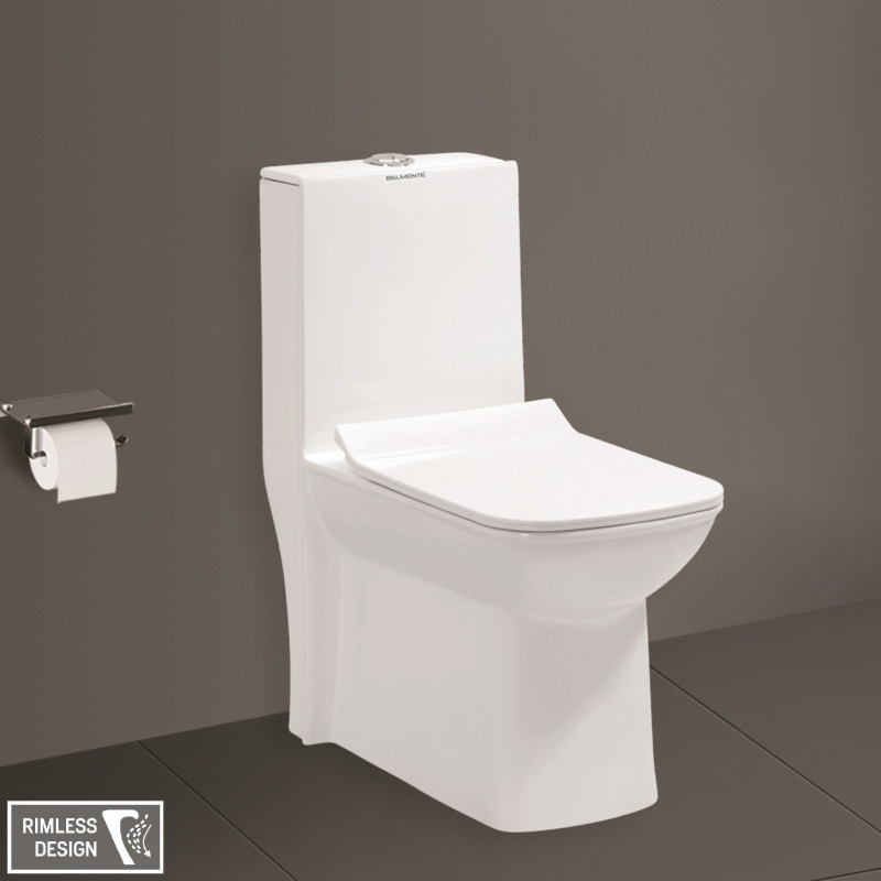 Belmonte One-Piece Western Toilet Commode - White Glossy Ceramic, Floor Mount, S-Trap Outlet, Rimless Flushing, 660x350x700mm Belmonte One-Piece Western Toilet Commode - White Glossy Ceramic, Floor Mount, S-Trap Outlet, Rimless Flushing, 660x350x700mm