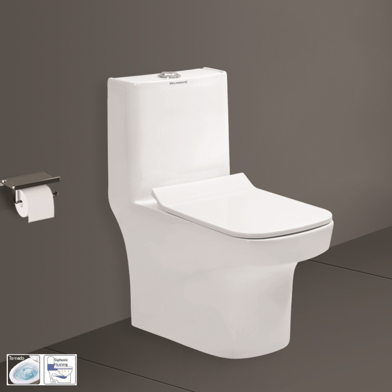 Belmonte One-Piece Western Toilet Commode EWC - White Glossy Ceramic, S-Trap Outlet, Rimless Siphonic Flushing Belmonte One-Piece Western Toilet Commode EWC - White Glossy Ceramic, S-Trap Outlet, Rimless Siphonic Flushing