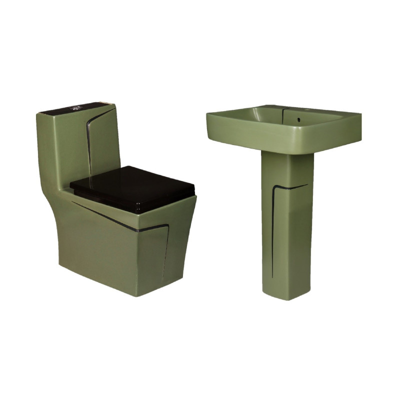 Belmonte Combo of Rimless Designer Western Toilet and Pedestal Wash Basin - Green & Black - Matt Finish Belmonte Combo of Rimless Designer Western Toilet and Pedestal Wash Basin - Green & Black - Matt Finish
