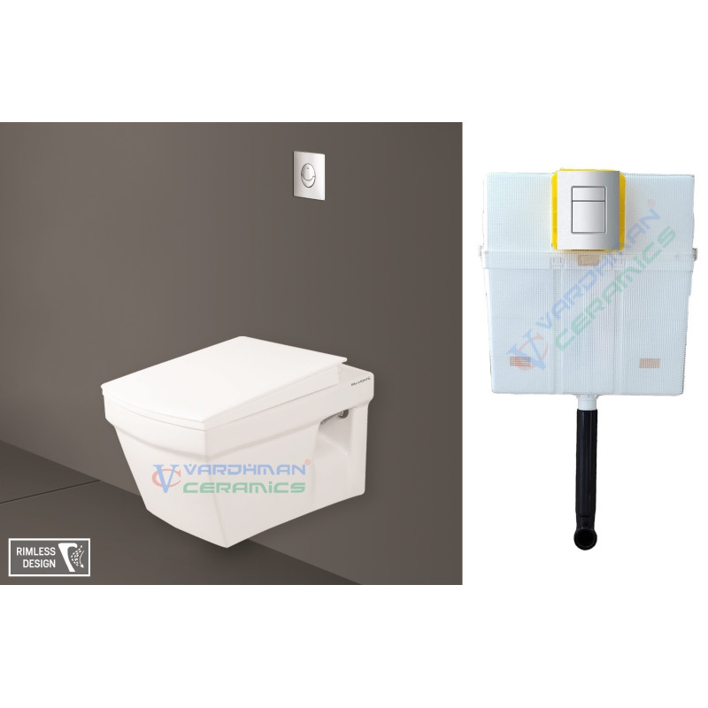 Belmonte Combo of Rimless Toilet Wall Mounted Crenza with Pneumatic Concealed Cistern - White Belmonte Combo of Rimless Toilet Wall Mounted Crenza with Pneumatic Concealed Cistern - White