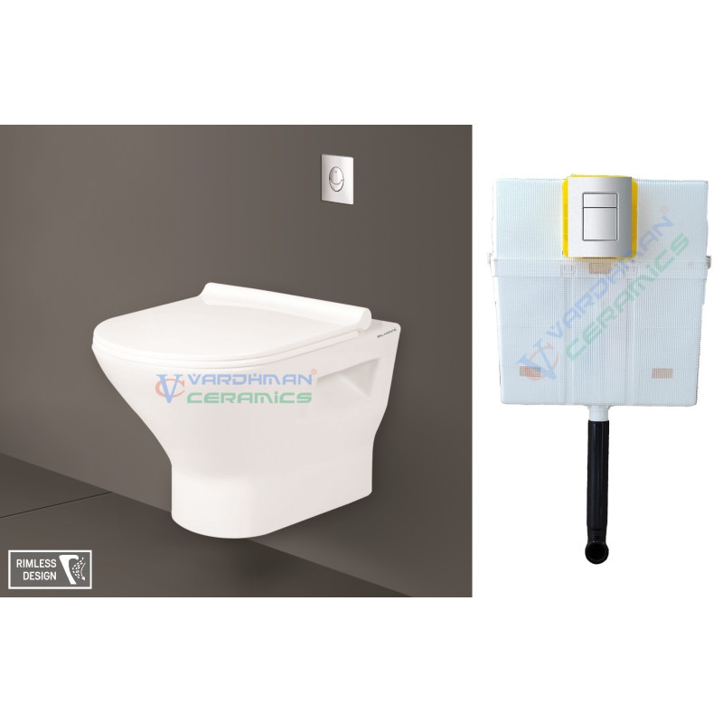 Rimless Toilet Wall Hung with Cistern Pneumatic Sanitee White Combo - Belmonte Rimless Toilet Wall Hung with Cistern Pneumatic Sanitee White Combo - Belmonte